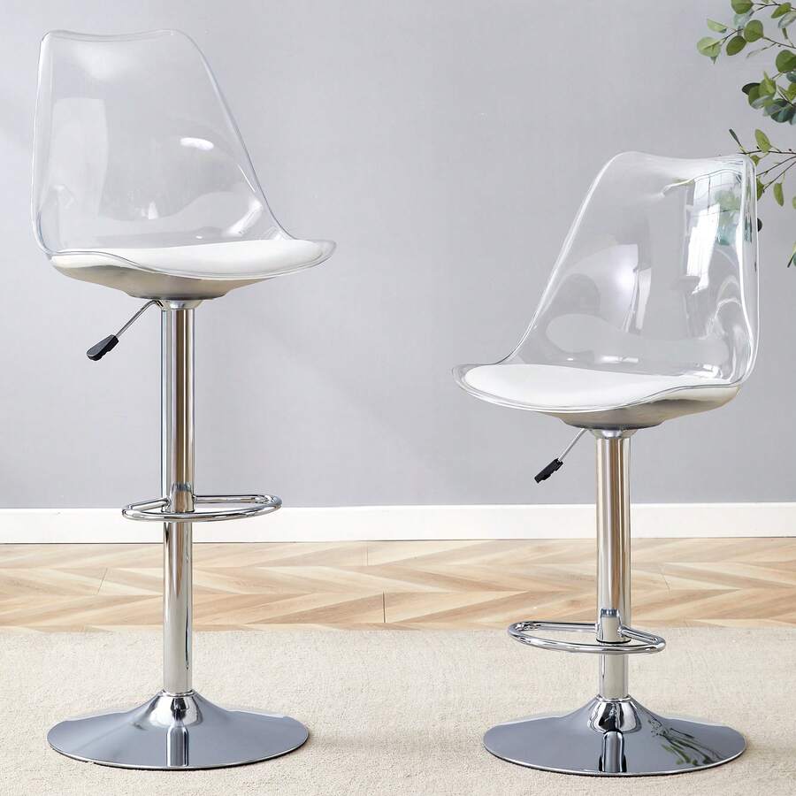 Modern Set Of 2 Adjustable Bar Stools With Transparent Plastic Backs And Silver PU Leather Seats. The Metal Legs Are Height-Adjustable And Can Rotate 360° Simultaneously, Making Them Perfect For Kitchens, Small Dining Rooms, And Other Occasions. - White - View 1