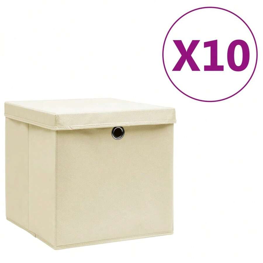 Boîtes de rangement vidaXL avec couvercles, lot de 10, 28 x 28 x 28 cm, couleur crème - Beige - Voir 1