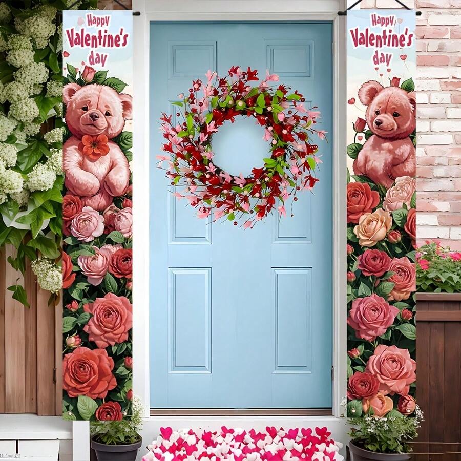 “情人节主题对联，花朵环绕着玩偶熊图案，适合室内外门廊庆祝派对装饰、家居壁画装饰、户外装饰用品，1 对。 - 彩色 - 查看 1