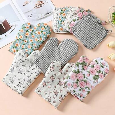 2件套（手套+隔热垫）耐热烤箱手套和隔热垫，个性化印花防滑厨房配件，节日烹饪礼品，适合家庭厨房