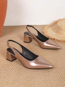 2026 New Pointed Toe Rose Gold Women's Shoes, Strap High Heel Shoes, Thick Heel Open Toe Party Pumps, Fashionable Patent Leather Elegant Ladies Backless Sandals - Rose Gold - View 6