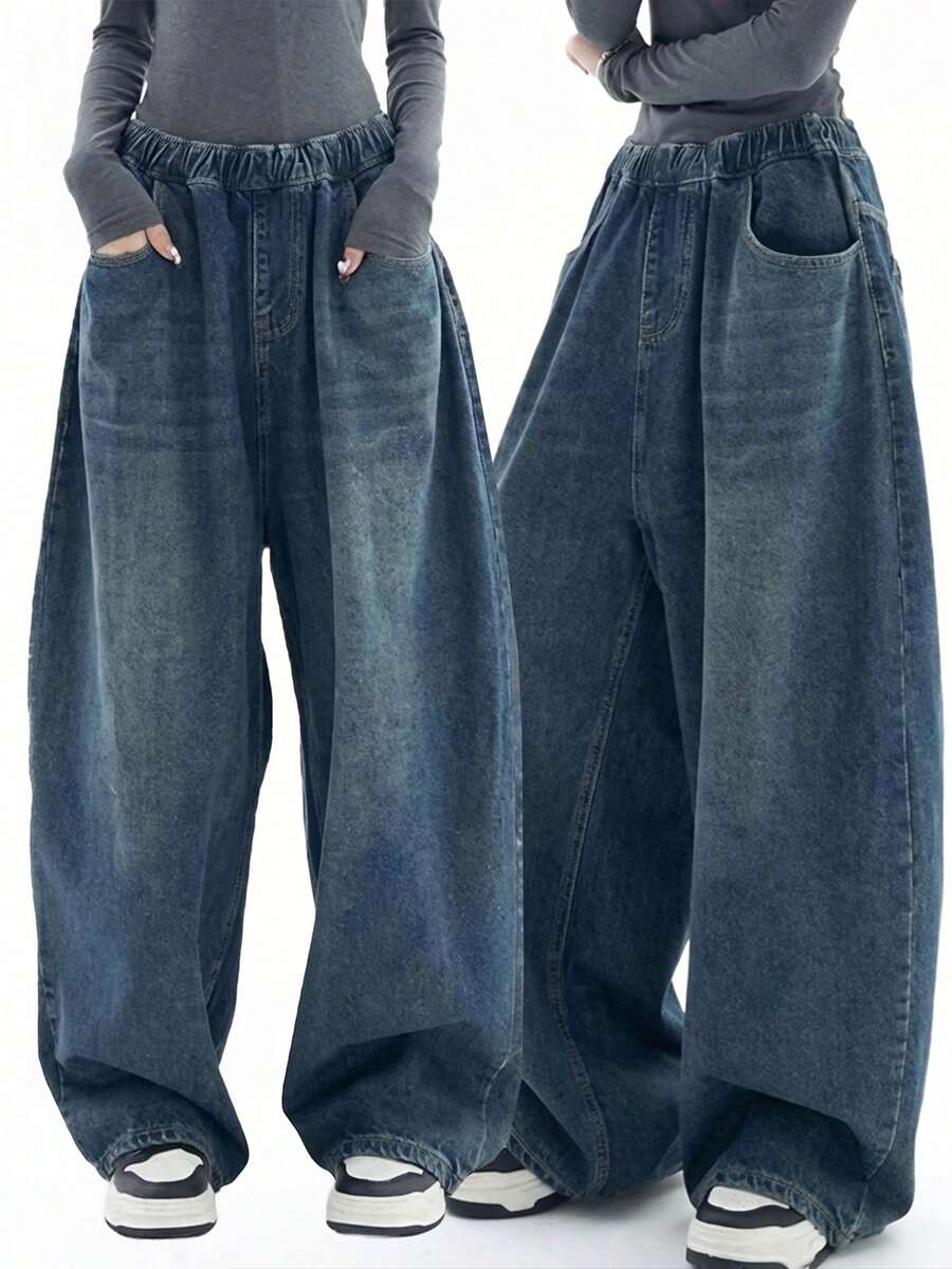 Women's Casual Loose Fit Wide Leg Denim Jeans With Pockets And Button Zipper Closure, Long Straight Leg Style, Slightly Stretchy Fabric, Perfect For A Vintage Or Casual Look - Rửa tối - Xem 1
