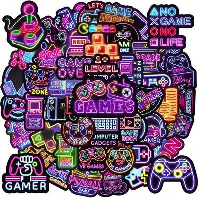 50Pcs Neon Game Stickers Video Game Stickers For Teens Girls Boys Gamer Waterproof Vinyl Decals For Laptop Water Bottle Skateboard Gamer Decor Party Favors Gifts