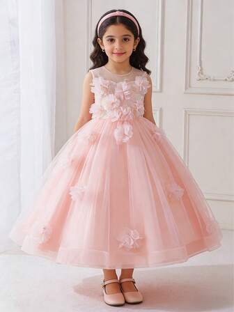 女童优雅闪亮3D立体花朵长裙，婚礼、派对、伴娘正式礼服