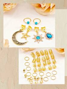46pcs Gold Star & Moon Hair Accessories, Women's Braided Baroque Sun Dreadlock Beads Hair Decorations, Claw Clips, Hair Slide, Hair Barrettes - Gold - View 5