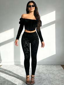 Edgy Gothic Punk Floral  Jacquard Velvet Leggings-Unleash Your Dark Style - màu đen - Xem 3