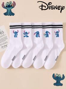1 Pair/5 Pairs/10 Pairs Women's Mid-Calf Socks - Disney Stitch Pattern, Couple Mid-Calf Socks, Two-Stripe Sports Mid-Calf Socks, Versatile Style, Suitable For Daily Wear And As Holiday Gifts - Multicolor - View 1