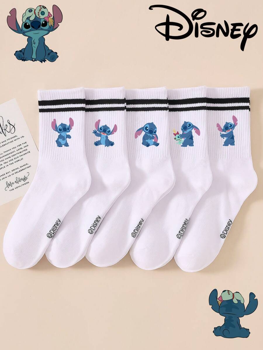 1 Pair/5 Pairs/10 Pairs Women's Mid-Calf Socks - Disney Stitch Pattern, Couple Mid-Calf Socks, Two-Stripe Sports Mid-Calf Socks, Versatile Style, Suitable For Daily Wear And As Holiday Gifts - Multicolor - View 1