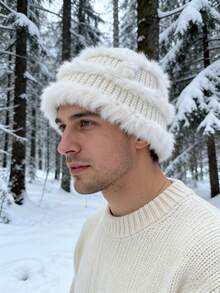 1顶新款仿毛皮压花高端渔夫帽/针织帽，女士冬季时尚保暖修脸帽，可爱秋冬保暖毛绒混色针织舞狮帽 - A - 查看 4