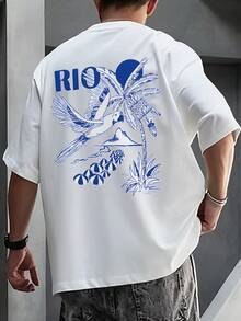 Fractyr 男士夏季时尚简约度假风椰树、沙滩、鹦鹉和里约元素印花圆领短袖T恤 | 百搭街头休闲上衣，男友/老公礼物 - 白色 - 查看 3