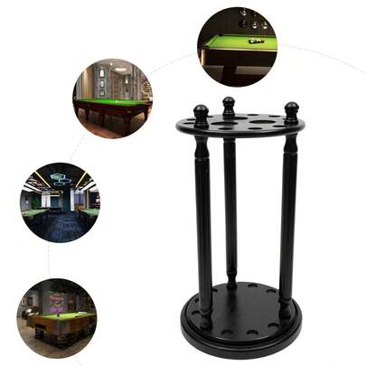 9-Hole Floor Standing Pool Stick Holder Solid Rubber Wood Black, 15.7*28in Space-Saving Vertical Design, 360° Rotatable 3 Cup Holders, Sturdy Shockproof Anti-Deformation, No-Punch Assembly, For Billiard Cues Golf Fishing Hiking Poles Home Club Bar Billiard Room