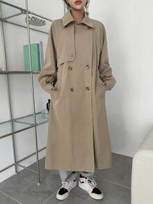 DAZY Abrigo casual largo de doble botonadura de unicolor, chaqueta de otoño para mujer - Caqui - Ver 6