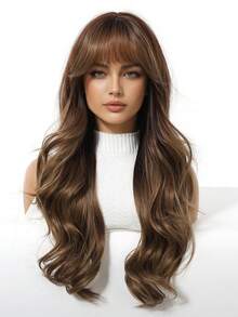 24 Inch Long Brown Curly Wig With Bangs, Big Curls, Heat Resistant Synthetic Wig, Suitable For Women For Daily, Party, Wedding And Other Occasions - 棕色 - 查看 3