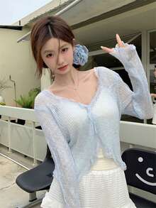 女士蓝色蕾丝边V领罩衫，可爱返校夏季轻薄披肩外套 - 藍色 - 查看 7