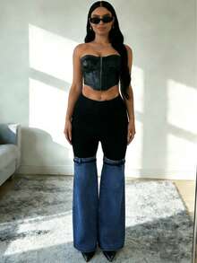 Y2K Streetwear Patchwork Wide Leg Pants For Women High Waist Stretch Black Top With Washed Denim Flared Bottom And Decorative Belt Straps - 藍色 - 查看 8