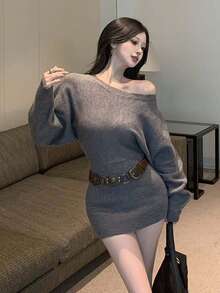 2025新款Y6Y无肩带长袖毛衣连衣裙，配腰带，性感修身包臀连衣裙，秋季款 - 灰色 - 查看 5