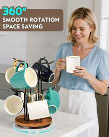 360° Rotating Mug Tree For Large Cups, Counter Coffee Mug Holder With 6 Hooks, Metal Coffee Cup Rack Stand For Countertop With Stable Wooden Base, Kitchen Counter Decor XAZ-B03 - 8個鉤子 - 查看 2