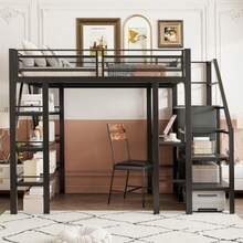 Hochbett 140*200cm, Dreilagiges Ablageregal, Schreibtisch, Kleiderschrank, Sicherheitsstufen Mit Ablagefach, Hohes Zaundesign, Eisenbett, Einzelbett, Schwarz - Black - View 3