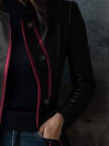 Veste  vintage pour femmes avec col contrasté noir, printemps/automne - Noir - Voir 5