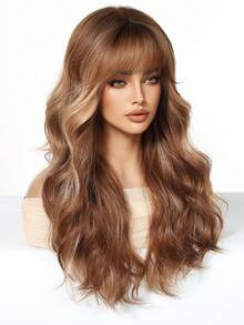 24-Inch Long Wavy Wig With Bangs, Fashionable Ombre Brown-Gold Color, Natural Looking, Heat-Resistant Synthetic Wig Suitable For Women To Attend Parties And New Year Events - Gold - View 3