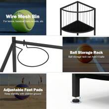 5 Tier Ball Storage Rack, 4 Ball Storage Rack With Basket, Corner Ball Holder For Basketball, Football, Volleyball, Vertical Ball Rack, 12.4" X 12.4" X 66.3", Black - Black - View 5