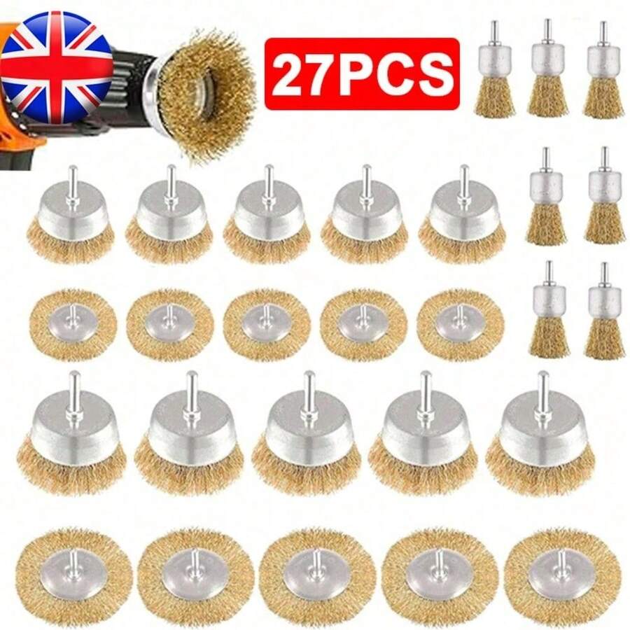 27PCS Rotary Wire Brush Cleaning Wheel Cup Brush Drill Attachment Bit Set Tool - Gold - View 1