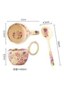 1 tasse en céramique de 450 ml avec anse florale, grande capacité, tasse petit-déjeuner, convient pour les desserts, le lait, la bouillie d'avoine, usage domestique polyvalent - Multicolore - Voir 6