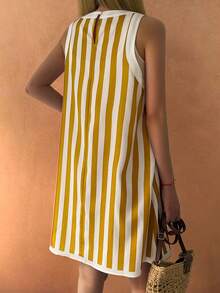 Starfish Boho Style Summer Beach Casual Comfortable Vintage Colorblock Striped & Fish Scale Print Sleeveless Dress, Brunch Outfit For Women - Yellow - View 6