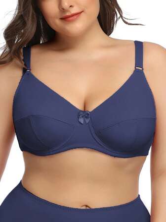1 st Plus Size Solid Color Elastisk Ultra-Tunn Bygel-BH, Daily Simplistic Style