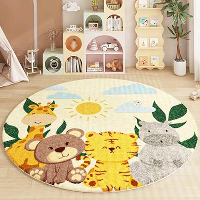 1pc Yellow Animal Zoo Giraffe Tiger Bear Hippo Printed Round Rug, Rug, Room Decor Carpet, Home Decor Rug, Sofa Seat Rug, Bedroom Decor, Small Rug, Modern Creative Fashion Carpet, Living Room Rug, Bedroom Rug, Outdoor Rug, Washable Rug, Gift For Boys And Girls, Thanksgiving Rug, Soft And Machine Washable, Suitable For Living Room, Office, Cafe And Balcony Decoration