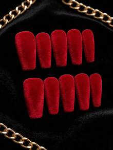 10pcs Coffin Shaped Nail Stickers, Textured, Y2K Aesthetic, Blood Red Press-On Nail Stickers, Red Nails, Acrylic Press-On Nails, Press-On Fake Nails, New Year Nails, Valentine's Day Nails, Includes 1pc Jelly Gel And 1pc Nail File, Suitable For Women And Girls Daily Wear, Rave Party Nail Supplement, Press-On Nails, Nail Art Supplies. - Red - View 1