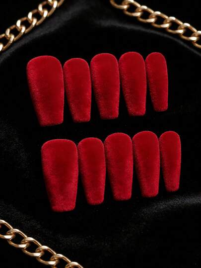 10pcs Coffin Shaped Nail Stickers, Textured, Y2K Aesthetic, Blood Red Press-On Nail Stickers, Red Nails, Acrylic Press-On Nails, Press-On Fake Nails, New Year Nails, Valentine's Day Nails, Includes 1pc Jelly Gel And 1pc Nail File, Suitable For Women And Girls Daily Wear, Rave Party Nail Supplement, Press-On Nails, Nail Art Supplies.