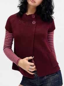 Womens Spring Summer Short Sleeve Cardigan Sweaters  Crew Neck Button Down Ribbed Knit Outwear Y2k Clothes - Burdeos - Ver 2
