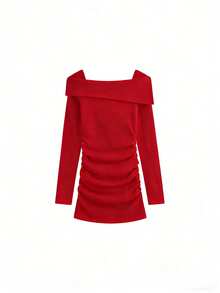 优雅别致的韩式不对称领宽腰褶皱修身连衣裙 - 紅色 - 查看 3