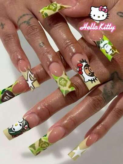 SANRIO 24pcs Long Square Nail Stickers French Tip Press On Nails With Stars And Shark Coat Pattern Decoration ,Cyberpunk Style,Perfect Fit Acrylic False Nails Set,Includes: 1pc Jelly Glue And 1pc Nail File , Nails For Women And Girls Daily Life And Party Use