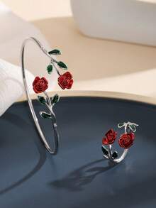 2pcs Delicate Rose Bracelet & Ring Set - Silver - View 4