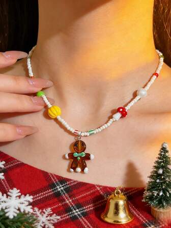 1pc Acrylic Beaded Gingerbread Man Pendant Necklace, Colorful Mushroom Pumpkin Charm, Vintage Cute Style, Suitable For Women Christmas Outfit And Daily Wear