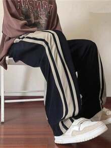 chándal hombre pantalones hombre 1 pieza Pantalones casuales de verano de corte holgado y transpirables para hombre, adecuados para la playa, vacaciones, ir al trabajo, entrenamiento, actividades al aire libre, fitness, trotar, deportes, pantalones rectos holgados a rayas, estilo callejero de moda, otoño - Negro - Ver 1