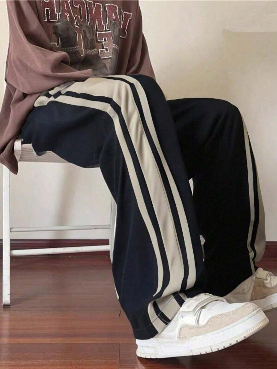 chándal hombre pantalones hombre 1 pieza Pantalones casuales de verano de corte holgado y transpirables para hombre, adecuados para la playa, vacaciones, ir al trabajo, entrenamiento, actividades al aire libre, fitness, trotar, deportes, pantalones rectos holgados a rayas, estilo callejero de moda, otoño - Negro - Ver 1