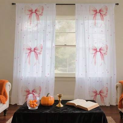 2 Rèm voan hồng thắt nơ - Rèm trong suốt kèm túi đựng thanh treo, có thể giặt máy, trang trí bốn mùa, thích hợp cho ngày Valentine, mùa cưới - Phong cách đồng quê, thích hợp cho phòng khách, phòng ngủ, nhà bếp.