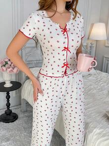 2pcs Women's Striped Floral Print Sleepwear Set, Featuring Bow Lace Trim, V-Neck, Fitted, Comfortable Short Sleeve Top And Pants, Suitable For Loungewear Or Casual Wear, Spring/Summer - White - View 5