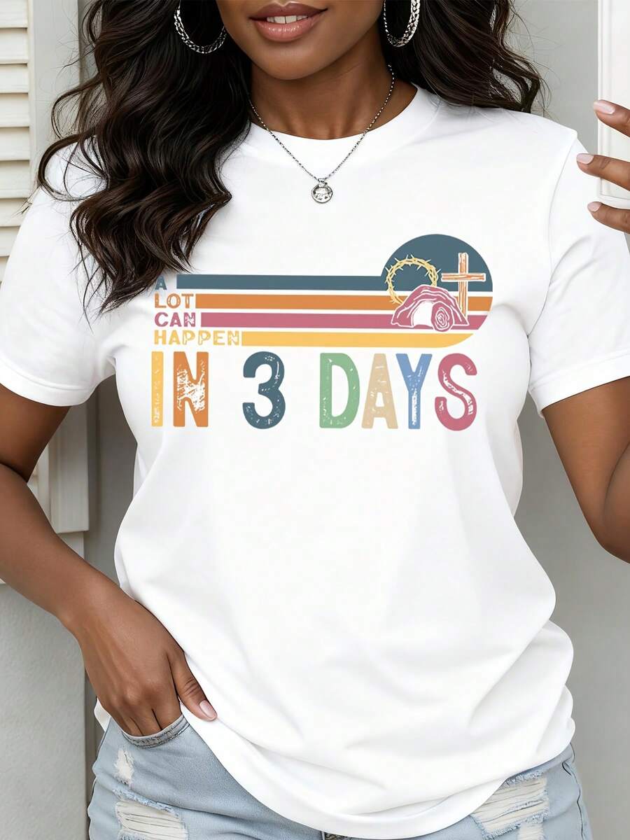 Women Easter T Shirt A Lot Can Happen In 3 Days Religious Cross And Crown Of Thorns Design Vintage Stripe Pattern Christian Faith Statement Top - trắng - Xem 1