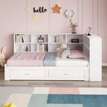 Massivholzsofa 90/180*190cm, Mit Ausziehbarem Bett, Mit Staufach, Multifunktionale Euro-Steckdose, Schubladen, Lattenrost, Multifunktionales Einzelholzbett, Weiss - White - View 3