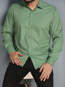 Men's Slim Fit Long-Sleeved Dress Shirt - Green - View 5