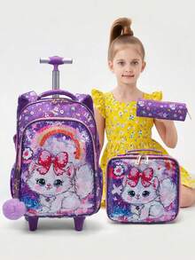 BLING BABIES 3件套女童拉杆背包，双面可爱卡通猫亮片设计，带午餐盒和铅笔盒 - 紫色，适合日常通勤，夜光功能 - 紫色 - 查看 2