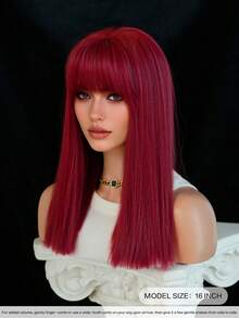 18 Inch Medium Long Straight Hair Wig With Bangs Burgundy Wigs For Women High Quality Soft Synthetic Fiber Wig For Girls Daily Party Use - Burgundy - View 4