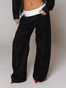 Y2K Women's Streetwear Jeans With Contrasting Stitching - Loose-Fitting Wide-Leg Streetwear Style Pants, Suitable For Both Men And Women, Perfect For Casual Autumn Outfits - 黑色 - 查看 3