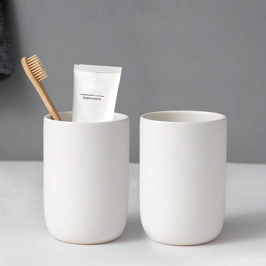 Toothbrush Holders For Bathrooms - 2 Cups Ceramic Toothbrush Toothpaste Holders Set, White Bathroom Tumbler Cups Reusable Toothbrush Mouthwash Cup, Bathroom Counter Organizer,2pcs,White - 白色 - 查看 1