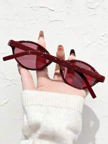 1pc Women's Fashion Decorative Glasses, Plastic Material, Solid Color Pattern, Bohemian Style, Round Shape, Suitable For Daily Use, Hiking, Beach, Outfit Matching, Street Photography, Driving, Various Festivals, Fits All Face Shapes, High-Quality Glasses, Great As A Gift, Fashionable Accessory - 1 PC Burgundy Frame With Red Trim - View 2