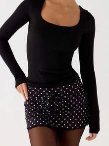 Women's Polka Dot Mini Skirt With Lace Trim  Drawstring Waist - Black - View 5